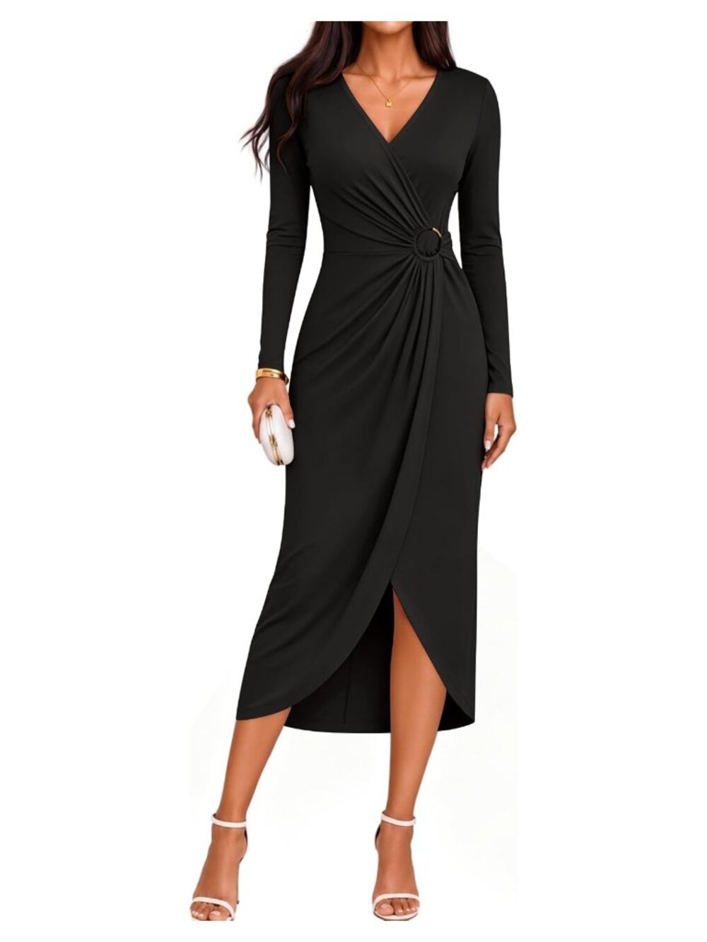 Women's Fall Long Sleeve Wrap Bodycon Cocktail Party Dress, Deep V-Neck, Midi